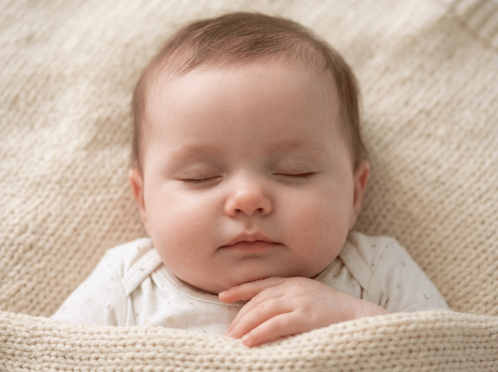 Sleeping baby resting on a cream knitted blanket