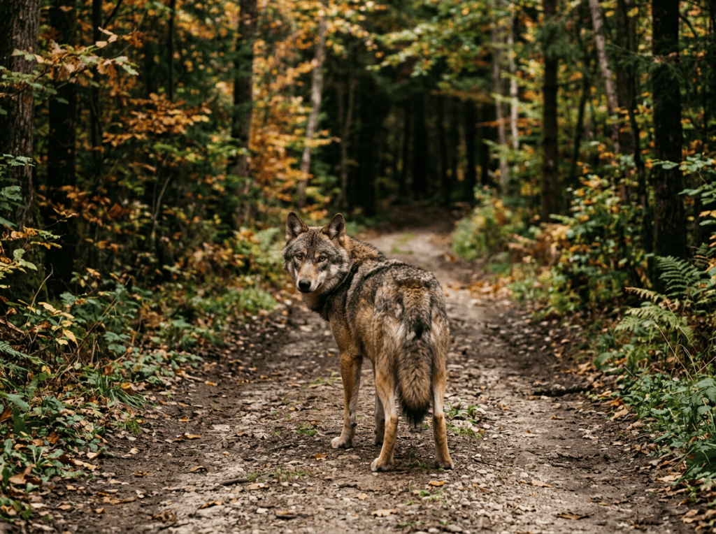 Wolf looking back on a forest trail amid autumn foliage